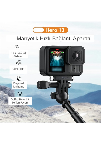 Gopro Hero 13 Uyumlu Amagisn Manyetik Hızlı Bağlantı Aparatı Magnetic Quick Release Mount Base Adaptör Siyah