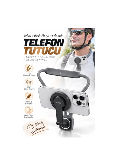 Fulltech Fhd26 Magsafe Uyumlu Mıknatıslı 360 Boyun Askılı Telefon Tutucu Eller Serbest Vlog Ve Po Gri