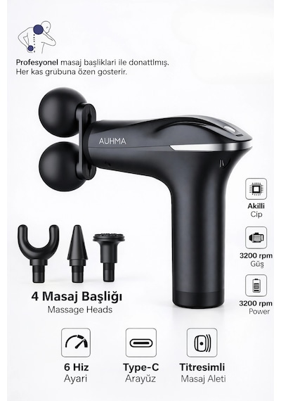 Auhma Amg18 Çift Başlıklı Şarjlı Masaj Tabancası - 6 Kademeli 3200 Rpm Titreşimli Masaj Aleti Siyah
