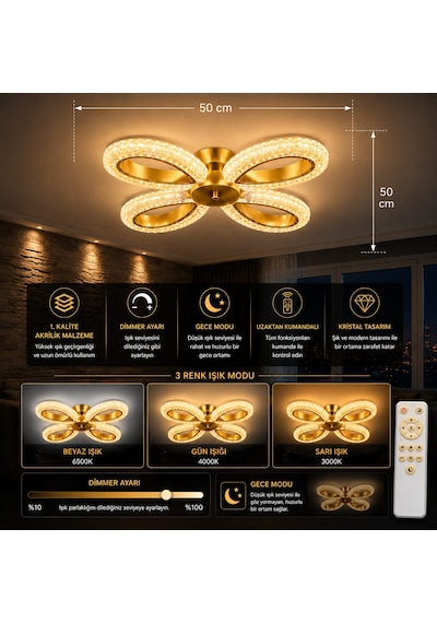 Yagmur 4lu Avize 3 Renk Led Isıklı Kumandalı Salon Avize Oturma Odası Avize Gold