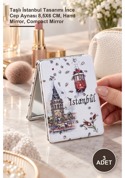 3 Adet El Aynası Taşlı İstanbul Tasarımı İnce Cep Aynası 8,5x6 Cm, Hand Mirror, Compact Mirror Sarı