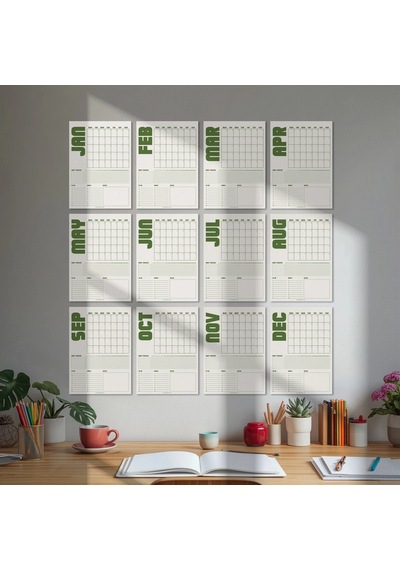 Tarihsiz Aylık Planlayıcı Takvim, Matcha Yeşil Retro Organizer Duvar Planlayıcı