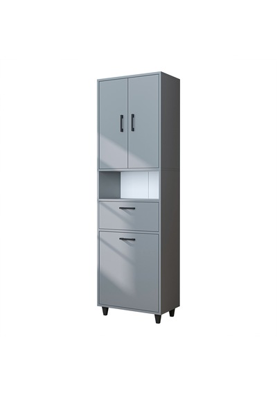 Çamaşır Sepetli Banyo Dolabı, Çok Amaçlı Çekmeceli Dolap 60 X 200 Cm Kül Gri