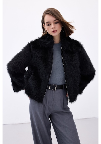 Sateen Fermuarlı Kürk - Siyah-136671 Siyah