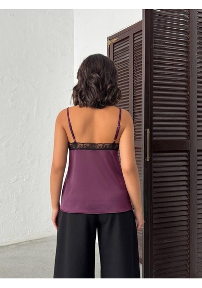 Ckm Moda Noiria Siyah Dantel Detaylı Saten Askılı Kadın Atlet Mürdüm