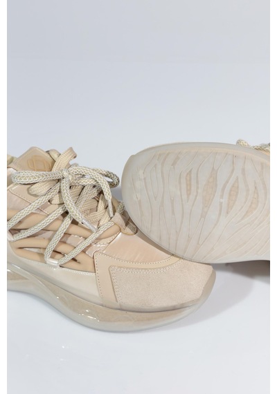Dgn B1014 Kadin Kalin Taban Bağcikli Sneakers Ayakkabi Bej