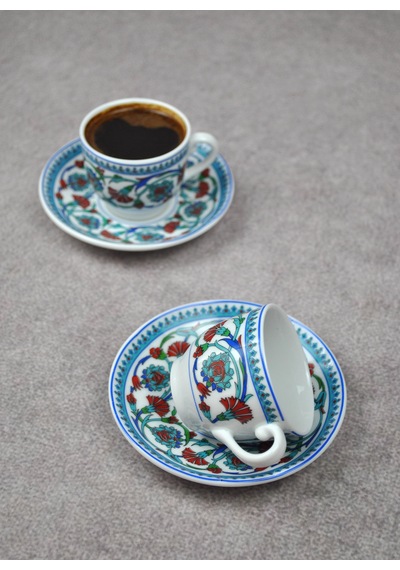 2 Kişilik 4 Parça Çini Motifli Porselen Lale Türk Kahve Fincanı