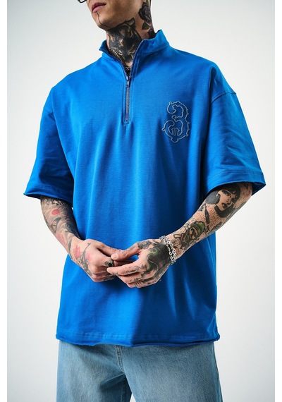 Respire Erkek 3 Nakışlı Yarım Fermuarlı Oversize T-shirt Mavi