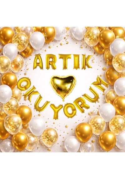 Okuma Bayramı Temalı Artık Okuyorum Folyo Harf Balon Beyaz Gold Konfetili Süsleme Çok Renkli