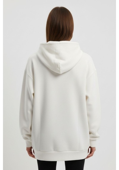Mizalle Yumuşak Dokulu Kapüşonlu Grafik Baskılı Ekru Sweatshirt Ekru
