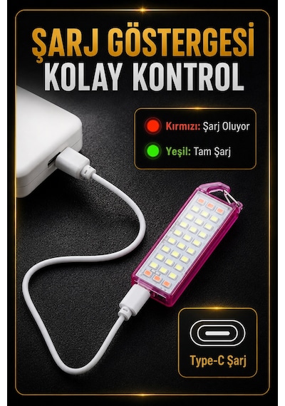 30 Led 5 Mod Mini Anahtarlık El Feneri Kırmızı-beyaz Işık Type-c Led Lamba Acil Durum Işığı 6893 Çok Renkli