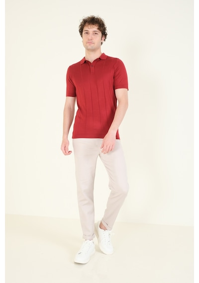 Giyim Dünyası Erkek Çizgili Polo Yaka Merserize T-shirt Bordo 001
