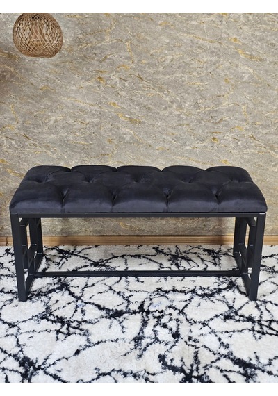 Zafir Siyah Boyalı İçi Kareli Diktörtgen 100 Cm X 40 Cm Oturak Puf - Bench - Makyaj Oturağı - Oturak Füme