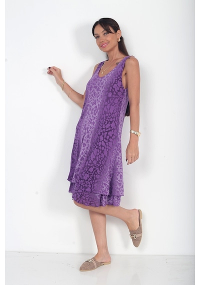 By Saygı Kadın İtalyan Cotton Leopar Desenli Astarlı Sıfır Kol Midi Elbise Mor