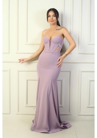 By Saygı Kadın Straplez Arkası Bağcıklı Astarlı Balenli Uzun Balık Abiye Elbise-39607 Lila