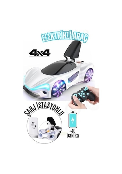 Giffy/oyuncak 2.4 Ghz Uzaktan Kumandalı Şarjlı Elektrikli Araba 4x4 Şarj İstasyonlu Buharlı Led Işıklı Sesli Müzikli Full Fonksiyon 4 Çeker Drift Atabilen 1200 Mah Şarjlı Pilli Premium Beyaz