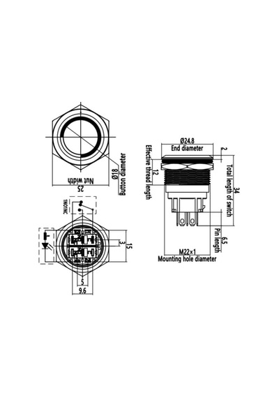 Motorobit 22B-P1Z-E 22Mm Düz Anahtarlı Işıklı Metal Buton - Kırmızı