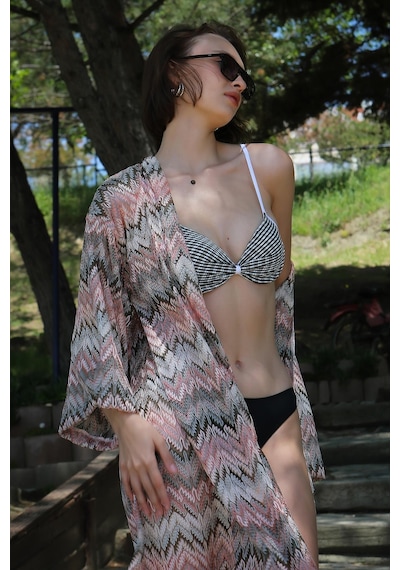 Modi Moda Çizgi Kadın Kimono Pareo Plaj Elbisesi Sütlü Kahve 38040