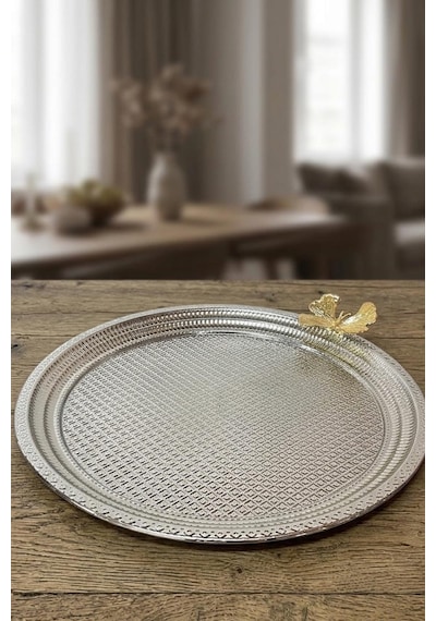 Metal Tepsi Gümüş Kelebekli Dekoratif Tepsi 25,5cm
