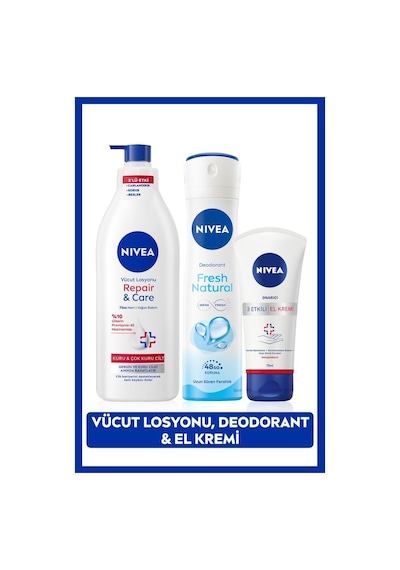 Nivea Kadın Sprey Deodorant Fresh Natural 150 ML + Nemlendirici Soft El Bakım Kremi 75 ML + Vücut Kremi 300 ML