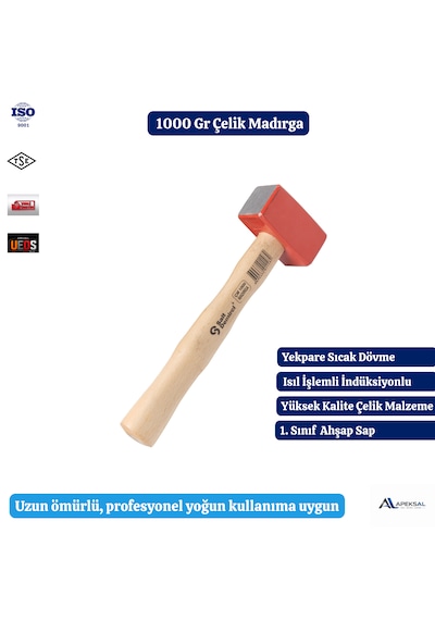 Profesyonel 1000 Gr Dövme Çelik Madırga Çekiç Ahşap Saplı 1 Kg
