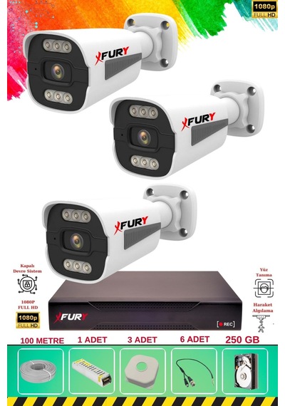 Fury 3 Kameralı 6 Warm Led Gece Renkli Görüş-cepten İzle-su Geçirmez Güvenlik Kamerası Seti 250gb