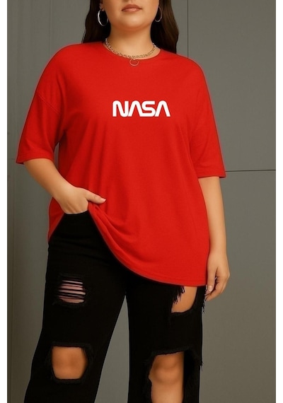 Büyük Beden Nasa Baskılı Unisex Tişört Kırmızı