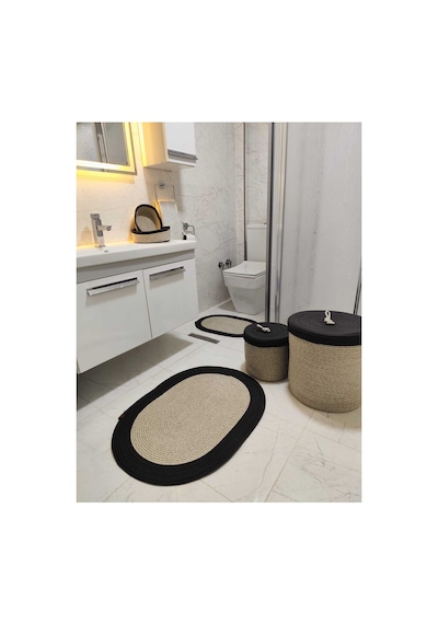 Jüt Hasır 6 Lı Banyo Paspas Takımı Bohem Tarzı Paspas:50x80/ 40x60 /çamaşır Sepet 40x36 ,25x28 Taş Siyah Taş Siyah