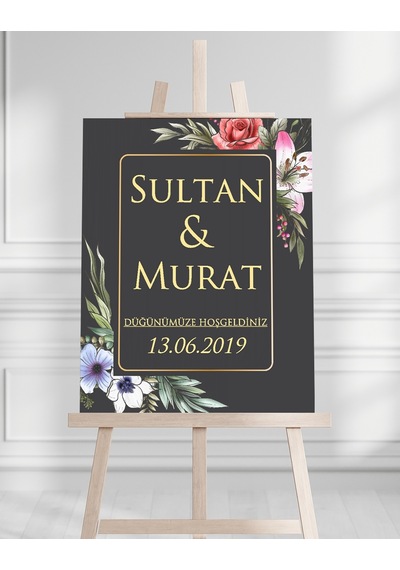 Söz Nişan Düğün İçin 50x70 Karşılama Panosu - Siyah Ve Çiçek Temalı Beyaz