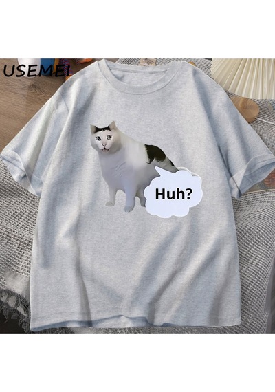 Flood Of Style Huh Kedi Komik Meme T Shirt Erkek Kadın Absurd Weirdcore T-shirt Rahat Yuvarlak Boyun Pamuk K Gri