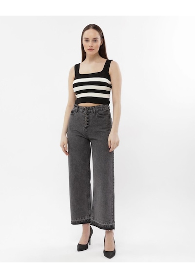 Kene Jeans Kadın Füme 5 Düğme Detaylı/ Paça Söküm Bol Paça Kot Pantolon Siyah