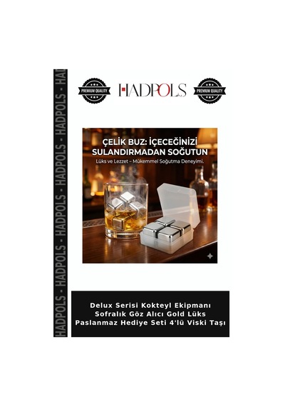 Delux Serisi Kokteyl Ekipmanı Sofralık Göz Alıcı Gold Lüks Paslanmaz Hediye Seti 4'lü Viski Taşı Altın