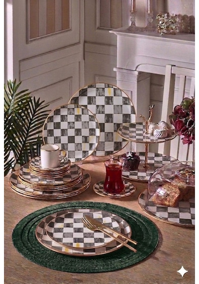 34 Parça Bella Chess Füme Yaldızlı 6 Kişilik Pasta Çay Servis İkram Takımı-6086 Çok Renkli