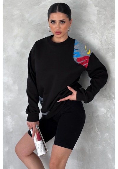 Femelle Kadın Beyaz Şardonlu Tasarım Kot Detaylı Sweatshirt siyah