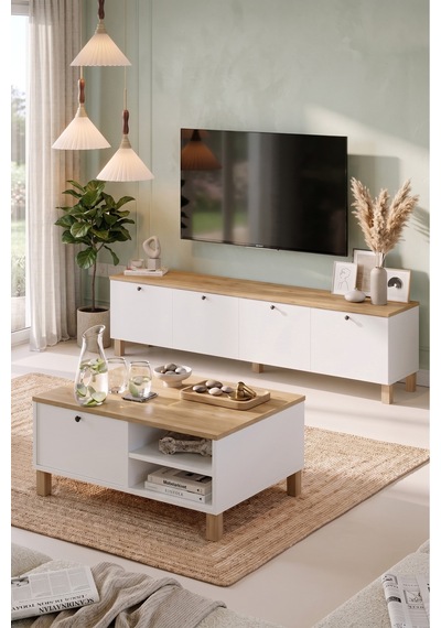 Yurudesign Nord Tv Ünitesi Orta Sehpa 2'li Set Ahşap Ayaklı Sepet-beyaz Nd20-sw