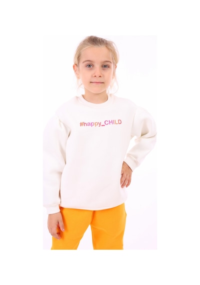 Toontoy Kız Çocuk Oversize Bisiklet Yaka Büzgülü Balon Kollu Baskılı Sweatshirt - 3 İplik Şardonlu Ekru