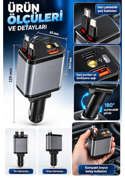 120w Araç Şarj Cihazı 4 Çıkışlı 100w Type-c Hızlı Şarj Geri Çekilebilir Kablolu Yıldız Tavan Işıklı Dex-51