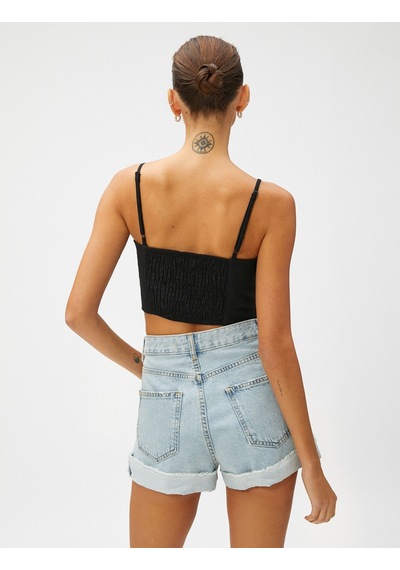 Koton Keten Karışımlı Crop Bluz Siyah 3sak30007pw 3SAK30007PW999
