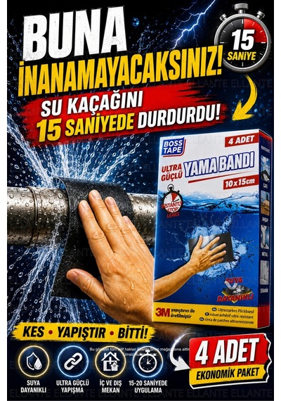 Ultra Güçlü Yama Bandı Çatlak, Delik Ve Su Kaçaklarına Kalıcı Çözüm 4 Adet