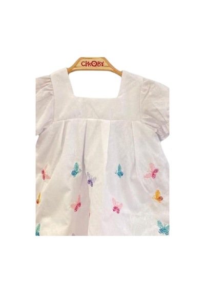 Çikoby Kız Bebek Pamuklu Kelebek Desenli Elbise-13885 Beyaz