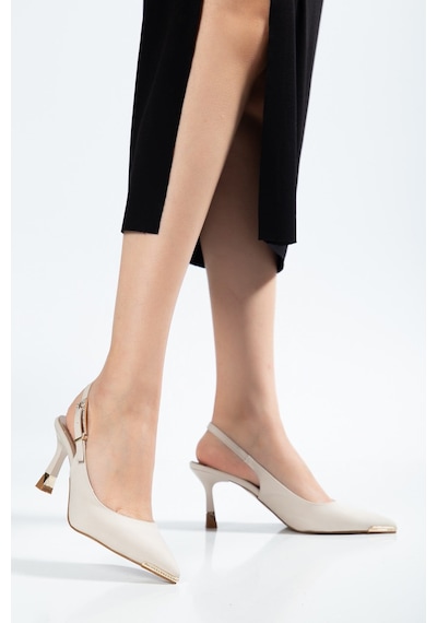 Kadın İnce Topuklu Stiletto Bej Saten Burun Taşlı Aksesuarlı-4694 Bej