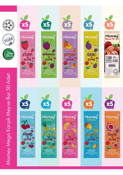 Mega Karışık Meyve Bar Paketi 50 Adet Atıştırmalıklar Vegan, Glutensiz 20gr X 50 Adet
