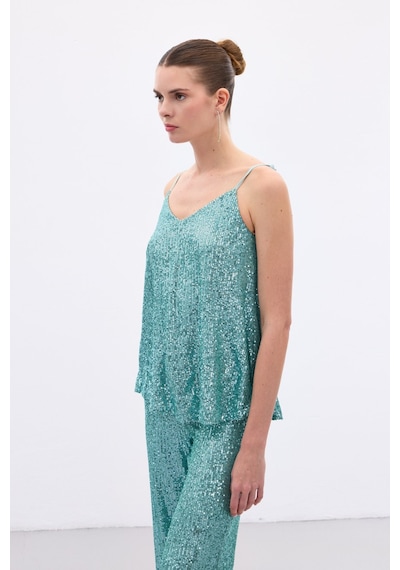 Sateen Payet Detaylı Askılı Bluz - Mint-136546 Mint