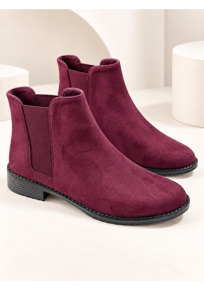 Dabab Shoes Maral Kadın Bordo Süet Yuvarlak Burun Lastik Detaylı 3 Cm Topuklu Kaymaz Taban Chelsea Bot Bootie