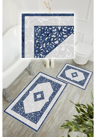 Dijital Baskı Klasik Kaymaz Taban 2li Set Banyo Paspası Klozet Takımı 50x60cm-60x100cm Mavi