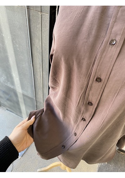 Pera Moda Yakası Taşlı Modal Kumaş Oversize Kadın Gömleği Kahverengi