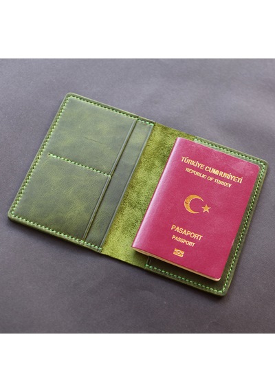 Leather Craft Hakiki Deri Isme Özel Pasaport Kılıfı - Yeşil