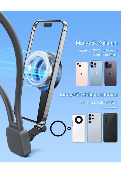 Tüm Telefonlara Uyumlu Boyun Askılı Telefon Tutucu Mıknatıslı Video Çekim Telefon Tutacağı