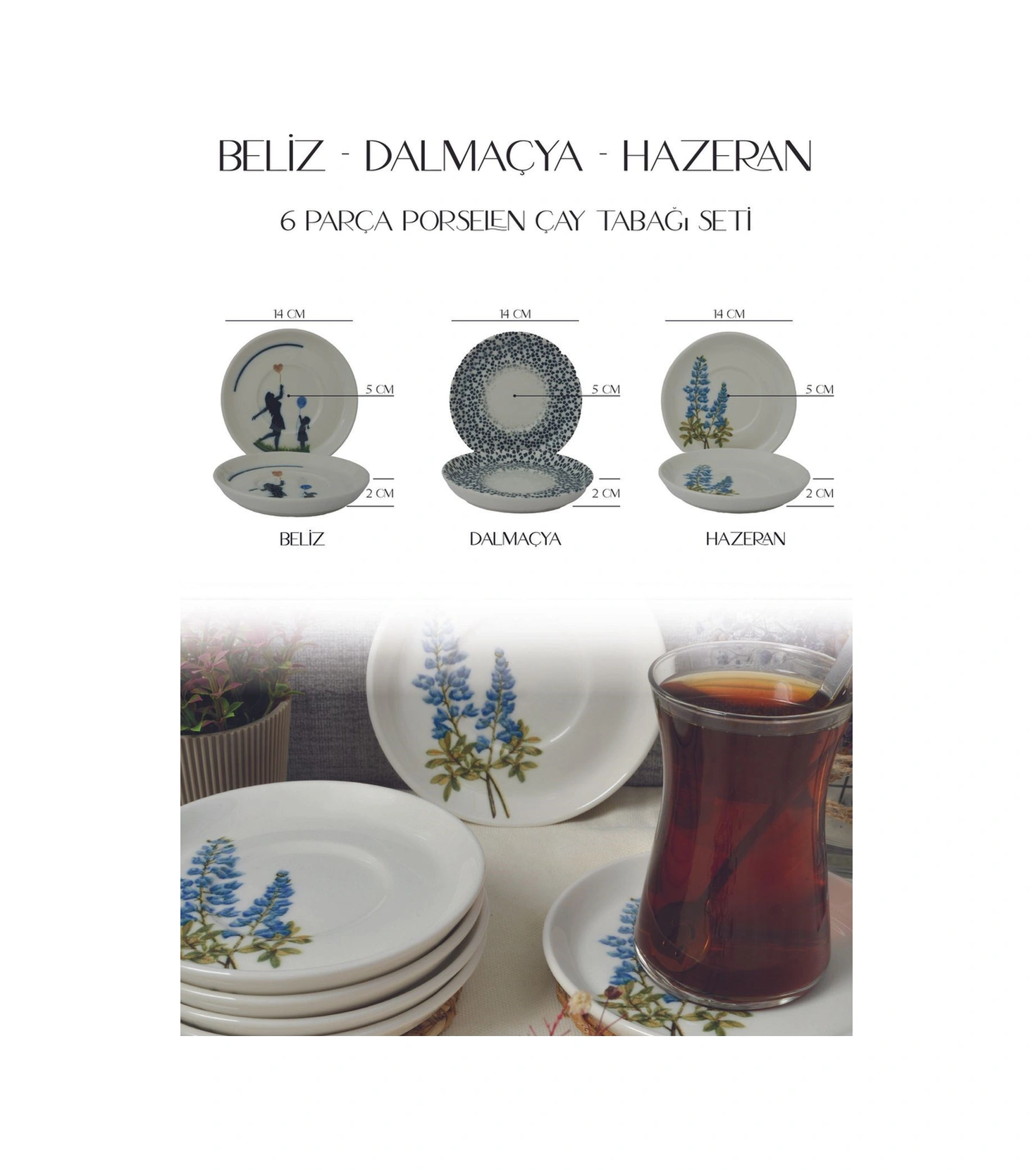 Hazeran 6'lı Porselen Çay Tabağı Seti Beyaz
