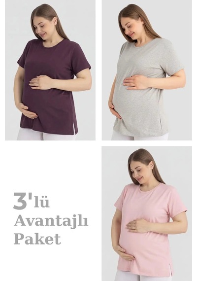 Carlburn Premium Pamuklu Kısa Kollu Hamile Tişört 3'lü Paket Pratik Kıyafet Hediyelik Üst Alternatif Giyim Pembe Gri Mürdüm